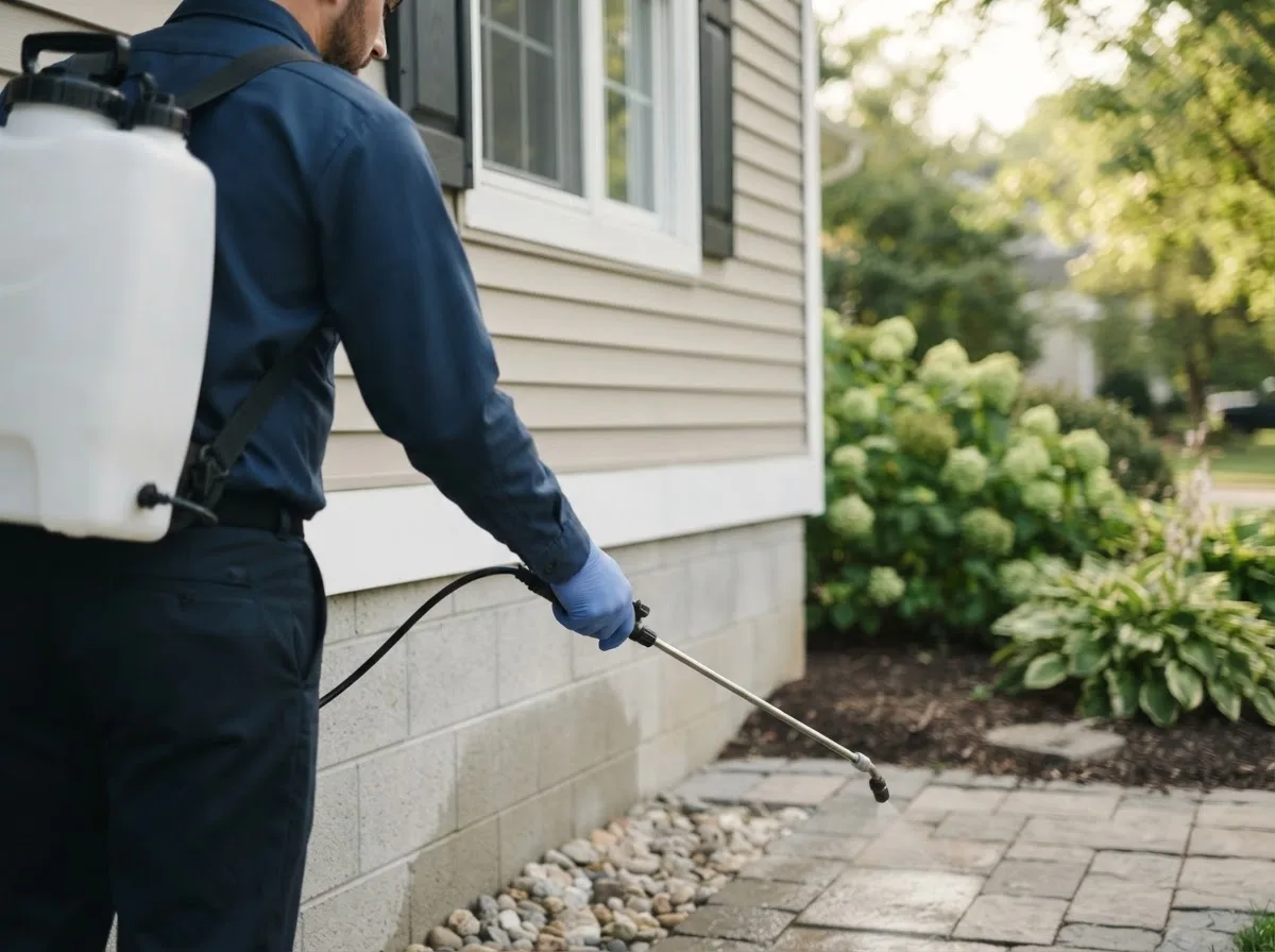 Pest control technician inspecting a home in Nova, OH